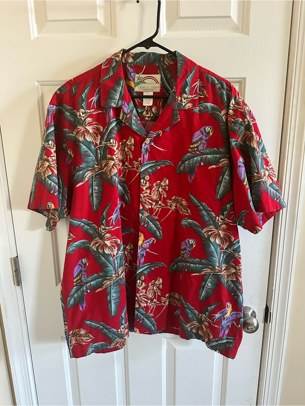 Paradise Found Mens Parrot Red Magnum PI Hawaiian Pocket Button Up XL